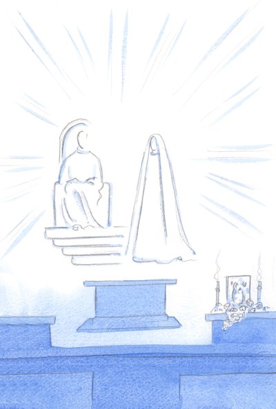 Assim como, para uma festa terrena, temos convidados, música e luz, também convidados celestiais participam da &39;festa&39; que é a nossa novena e bênção !, 2002 (w - c no papel) de Elizabeth Wang