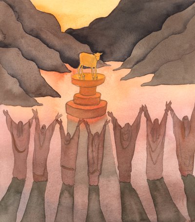 Assim como o antigo povo de Deus fez de um bezerro de ouro um ídolo, muitas pessoas hoje fazem de suas opiniões pessoais um ídolo, 2003 (w - c no papel) de Elizabeth Wang