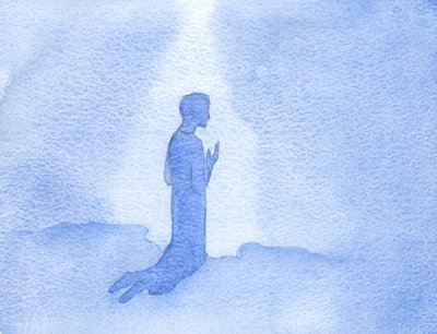 Ajoelhado na encosta de uma colina na Galiléia, Jesus louvou a Deus e agradeceu-lhe por Sua Santa Mãe, e por Seu amor e orações., 2001 (w - c no papel) de Elizabeth Wang