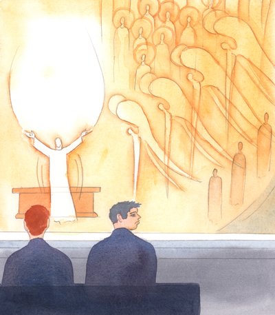 Muitos católicos não fazem ideia do que está realmente a acontecer na missa, 2005 (aguarela sobre papel) de Elizabeth Wang