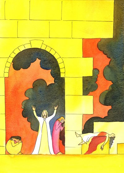 Muitos anos antes do nascimento de Cristo, Jerusalém foi invadida e o templo sagrado profanado e destruído, para horror do povo, 2001 (w - c no papel) de Elizabeth Wang