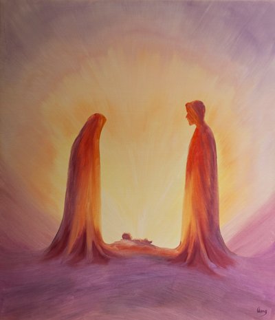Maria e José olham com fé para o menino Jesus em seu Natal, 2001 (óleo a bordo) de Elizabeth Wang