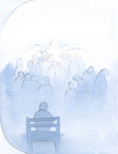 Maria esperou em paz, enquanto eu listava todos os entes queridos em oração - padres e muitos outros., 2001 (w - c no papel) de Elizabeth Wang