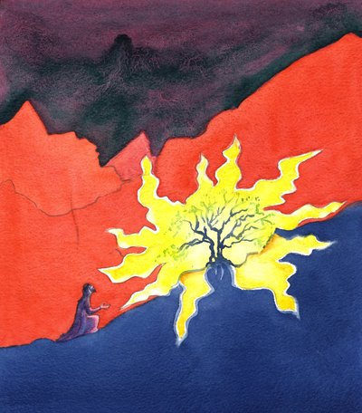 Moisés e a sarça ardente, 2001 (w - c no papel) de Elizabeth Wang