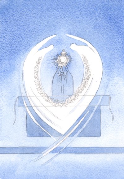 Ao saudar Cristo, o Rei, eu vi uma Hóstia cercada de raios ao redor, com uma coroa acima, uma coroa real abaixo e Anjos se curvando em adoração., 2001 (w - c no papel) de Elizabeth Wang