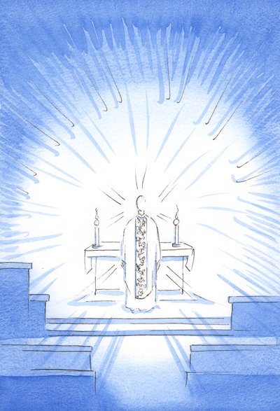 Na festa da Visitação, apareceu Cristo, trazendo uma casula dourada em homenagem a Sua Santa Mãe Maria, 2002 (w - c no papel) de Elizabeth Wang