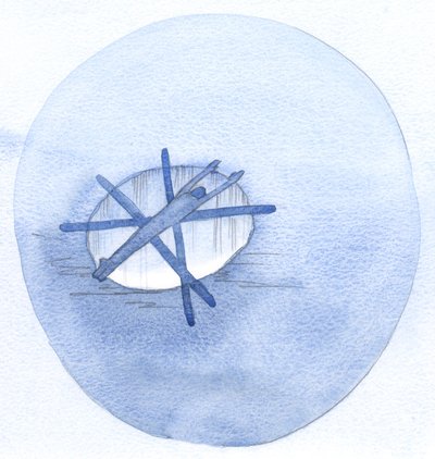 Certa vez, uma alma que partiu estava agarrada ao topo de um poço de fogo; apenas as orações de pessoas devotas (como lanças atiradas por baixo dele) o salvaram de cair no Inferno., 2001 (w - c no papel) de Elizabeth Wang