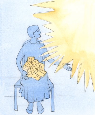 Uma das promessas do Evangelho de Cristo é que Ele derramará em nosso colo dons, a ponto de transbordar, se formos generosos e amorosos em Seu serviço, 2003 (w - c no papel) de Elizabeth Wang