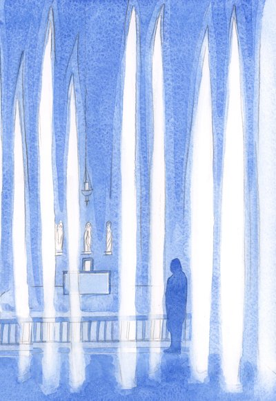 Aquele que vai rezar diante de Cristo no Santíssimo Sacramento se coloca entre os Anjos que estão em adoração silenciosa, 2001 (w - c no papel) de Elizabeth Wang