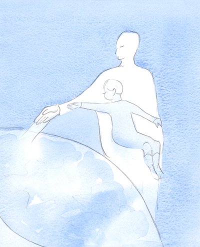 Aquele que ora em nome de Cristo é como uma criança que é abraçada por seu Pai celestial, que permite que ela mova Seu braço - para ajudar e curar os outros, 2002 (w - c no papel) de Elizabeth Wang