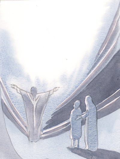 Nossa Senhora pastores encaminham cada um de nós, encorajando-nos a orar com Cristo a Deus nosso Pai., 2001 (w - c no papel) de Elizabeth Wang