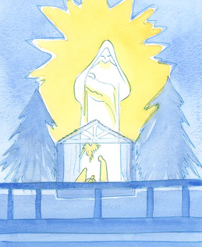 Nossa Senhora ficou na Capela da Senhora, em glória, mostrando como ela compartilha a nossa alegria na festa do nascimento de seu filho, Nosso Senhor, 2003 (c - c no papel) de Elizabeth Wang