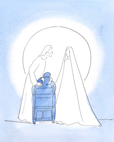 Nossa Senhora estava comigo, com seu Filho, oferecendo uma saudação pascal. Ambos ficaram maravilhados com minha alegria em vê-los e em saber que estão felizes no céu, 2003 (w - c no papel) de Elizabeth Wang