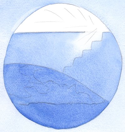 Nossa vida na Terra é vivida na escuridão, como se estivéssemos no porão de um enorme palácio; as escadas espirituais conduzem ao Céu, 2002 (w - c no papel) de Elizabeth Wang