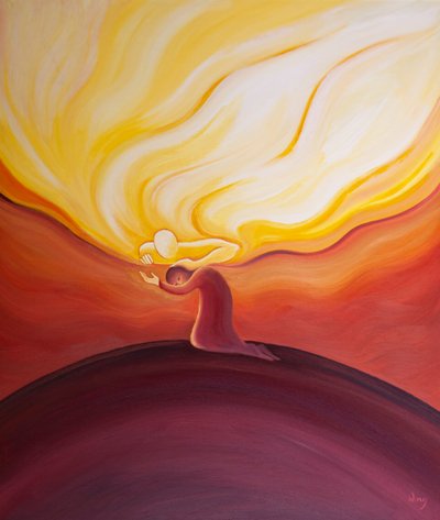 Nossas menores orações são bem-vindas, ouvidas e recompensadas por Deus, que é como um pai acariciando seu filho amado, 2001 (óleo a bordo) de Elizabeth Wang