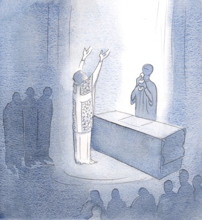 Nossas orações são ouvidas por este motivo: Elas se unem à oração de Cristo que está presente, nosso eterno Sumo Sacerdote., 2001 (w - c no papel) de Elizabeth Wang