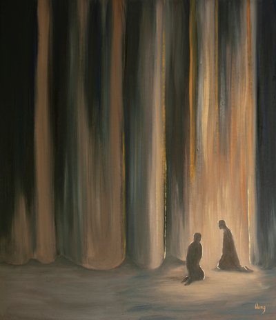 Nossas orações, mesmo na escuridão, nos unem a Jesus, que nos prepara para a glória celestial que está atrás da cortina, 2001 (óleo a bordo) de Elizabeth Wang
