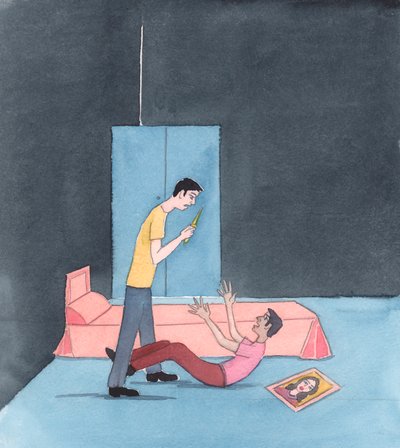 As pessoas agem totalmente contra Deus e as suas leis quando ameaçam matar ou matam outras pessoas para resolver uma rixa privada ou uma vingança de família ou de clã - ou na guerra de gangues, 2005 (aguarela sobre papel) de Elizabeth Wang