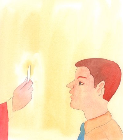 As pessoas que acreditam nas palavras de Jesus sobre a Sagrada Eucaristia comportam-se como devem comportar-se em relação ao seu Deus e Salvador, Realmente presente sob a aparência de pão, 2005 (aguarela sobre papel) de Elizabeth Wang