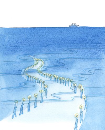Pessoas que morrem enquanto rezam (como aqueles que morreram rezando o Rosário no Titanic) estão marchando por uma estrada que parece levar à escuridão, 2002 (w - c no papel) de Elizabeth Wang