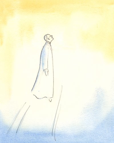 Papa João Paulo II voa alto, após sua morte, procedendo rapidamente para o céu, tão completa foi sua união com Deus, e tão grande sua santidade, simplicidade e pureza., 2006 (w - c no papel) de Elizabeth Wang