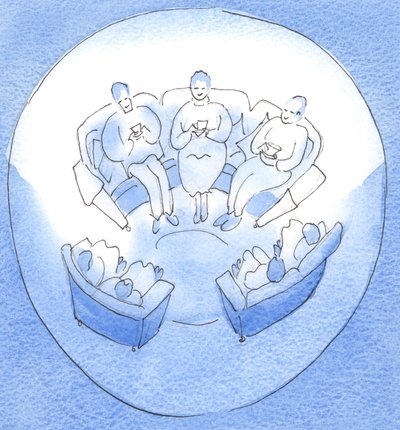 A oração pode ser como uma reunião de membros de uma família feliz e unida que se sentam juntos, após um dia agitado, em silêncio amigável, 2003 (w - c no papel) de Elizabeth Wang