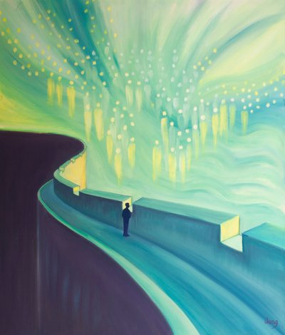 A oração é como um vislumbre da eternidade, visto das ameias de nossa morada terrena, quando paramos e nos voltamos para Deus, 2000 (óleo a bordo) de Elizabeth Wang