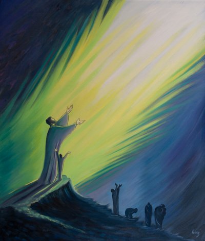 A oração com Cristo é gloriosa e eficaz, mas sem Ele é como clamar às trevas, 2001 (óleo a bordo) de Elizabeth Wang