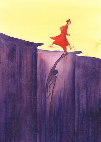 Satanás pode usar nossos pensamentos descuidados ou egoístas para nos puxar para o pecado e as trevas, como quando um inimigo agarra as roupas esvoaçantes de alguém, 2003 (w - c no papel) de Elizabeth Wang