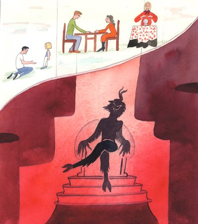 Satanás, que reina no centro do Inferno, olha para cima, como que através de um teto de vidro, para onde as pessoas que lhe deram a vida na Terra estão ocupadas a corromper as crianças, ou a adivinhar a sorte, ou ocupadas com superstições de diferentes tip de Elizabeth Wang