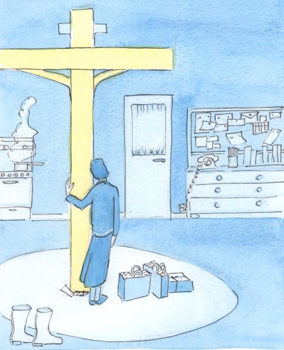 Alguém que adora a Cristo na Missa e deseja fazer a Sua obra pode permanecer em espírito ao lado da Cruz o dia todo, 2003 (w - c no papel) de Elizabeth Wang