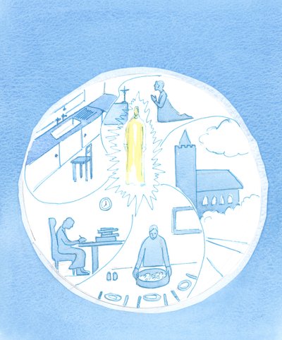 Alguém que mantém Cristo no centro da vida O tem como um fator unificador entre as muitas pessoas e incidentes de toda aquela vida, 2003 (w - c no papel) de Elizabeth Wang
