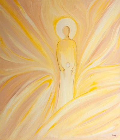 Santa Ana concebeu em seu ventre a Imaculada, como uma hóstia; a Virgem Maria, que se tornaria a Mãe de Deus, 2000 (óleo a bordo) de Elizabeth Wang
