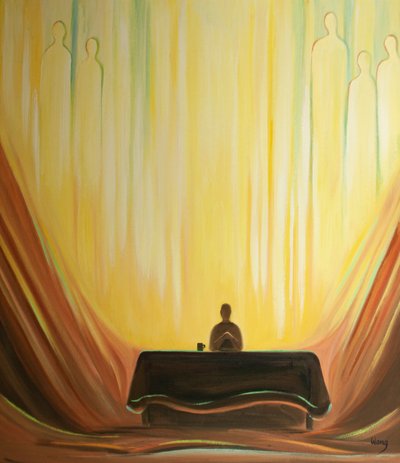 Ação de graças por comida, em nome de Cristo, é uma ação de graças divina, feita em companhia sagrada, 2001 (óleo a bordo) de Elizabeth Wang