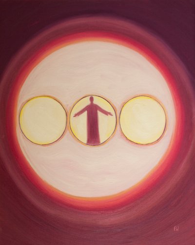 A Santíssima Trindade pode ser vista como uma Luz Tripla com Cristo, o Deus-homem no centro, 2003 (óleo a bordo) de Elizabeth Wang