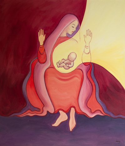 A Santíssima Virgem Maria é a Santa Casa que deu à luz o Filho de Deus em seu ventre e será homenageada para sempre, 2001 (óleo a bordo) de Elizabeth Wang