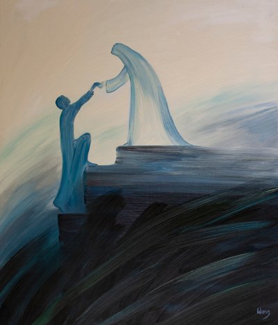 A Bem-Aventurada Virgem Maria, nossa Mãe, reza continuamente por nós e ajuda aqueles que confiamos aos seus cuidados, incluindo as Santas Almas, 2001 (óleo a bordo) de Elizabeth Wang