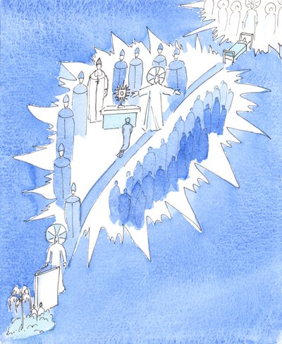 A Igreja Católica ensina a gloriosa verdade de que, no passado, Deus alcançou os seres humanos de várias formas, 2005 (aguarela sobre papel) de Elizabeth Wang