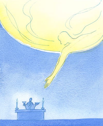 O Pai aceita nossos presentes de pão e vinho, como se inclinado do céu como um pai amável recebendo presentes de um filho, 2003 (w - c no papel) de Elizabeth Wang