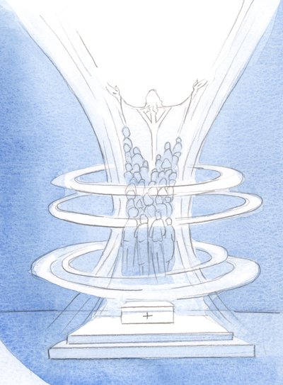 O Espírito Santo nos liga em um feixe com Cristo, como espigas de milho colhidas como uma oferta ao Pai, 2000 (w - c no papel) de Elizabeth Wang