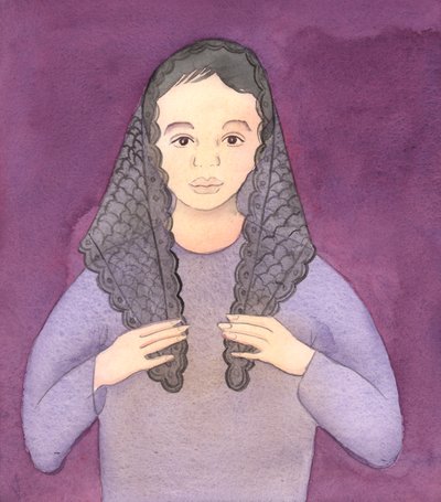 O Senhor pediu-me para fazer um desenho de uma mulher que usa a sua mantilha na igreja, de acordo com os costumes antigos, 2004 (aguarela sobre papel) de Elizabeth Wang