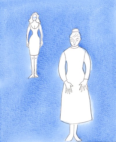 O Senhor convida as mulheres a vestirem-se com recato, como sugerem as Sagradas Escrituras, e a contribuírem assim para promover a castidade em si mesmas e nos outros, 2004 (aguarela sobre papel) de Elizabeth Wang