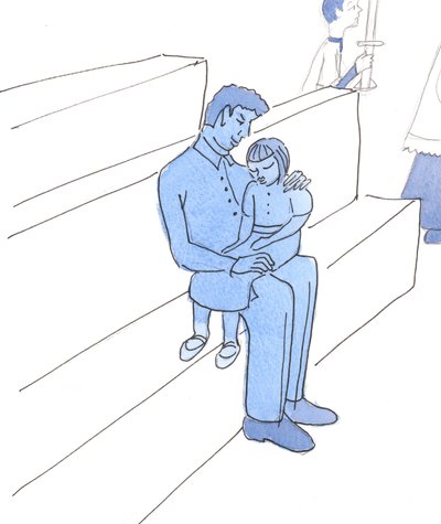 O Senhor não se preocupa mais com a minha distração na missa, quando estou cansado e com dores, do que se eu fosse uma criança doente no colo do pai, na missa de 2004 (c - c no papel) de Elizabeth Wang