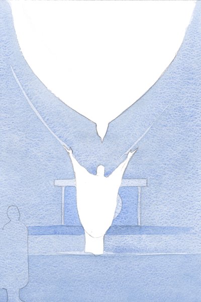 O Espírito Santo - como se com asas estendidas - estava posicionado sobre a cabeça de Cristo, aceitando Sua oferta no amor do Pai., 2001 (w - c no papel) de Elizabeth Wang