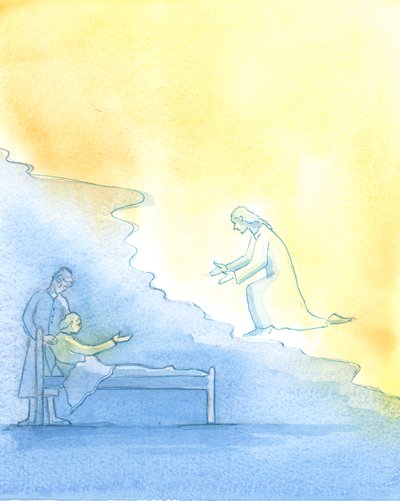 O Processo de Morrer: Morrer é uma espécie de trabalho. Cristo está esperando para dar as boas-vindas a cada um de Seus filhos fiéis que entrarão no Céu depois de um tempo no &39;ventre&39; da vida terrena, 2003 (w - c no papel) de Elizabeth Wang