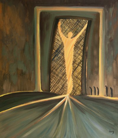 O Sacrifício de Jesus ganhou a vida abrindo-se através da cortina para o Santo dos Santos, para a luz de Deus, para que possamos entrar no Céu, 2000 (óleo a bordo) de Elizabeth Wang