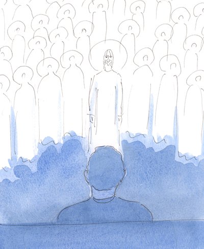 Os santos estão ao nosso redor, com Cristo, enquanto oramos; eles se deleitam no amor em nossos corações, e em cada palavra e gesto reverente enquanto os honramos, e adoramos e louvamos as Três Pessoas Divinas., de Elizabeth Wang
