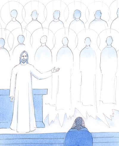 Os santos no Céu estão lá porque fizeram a vontade de Deus na vida terrena, ou fizeram-na tardiamente, depois de se terem arrependido; assim, Cristo valoriza todos os nossos actos de obediência aos seus desejos, 2005 (aguarela sobre papel) de Elizabeth Wang