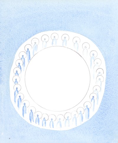 As Três Pessoas Divinas estão unidas e ativas na unidade da Divindade, como se circulando em comunhão incessante, 2003 (w - c no papel) de Elizabeth Wang