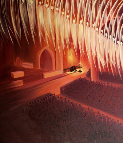Os anjos e arcanjos esperam que nos unamos em seu louvor a Deus durante a missa de 2000 (óleo a bordo) de Elizabeth Wang